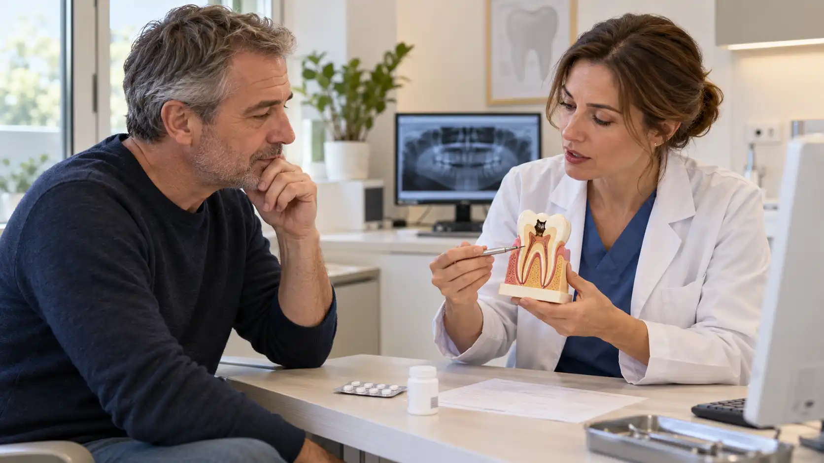 Un hombre de 55 años discute una receta con una dentista.