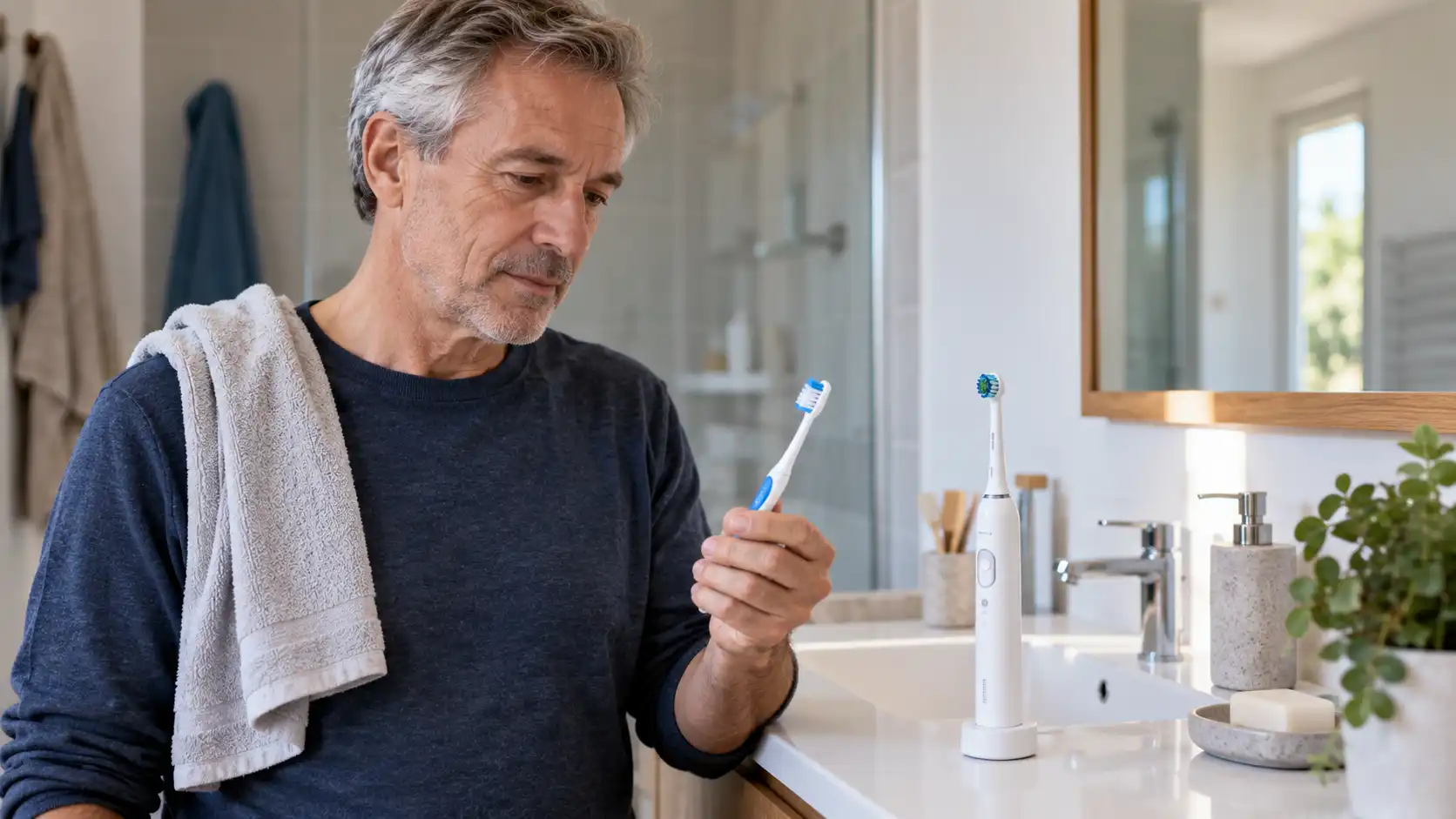 Un hombre de 60 años compara dos cepillos sin marca en un mueble de baño