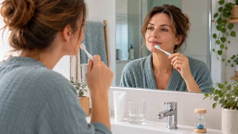 Una mujer de 45 años tiene un cepillo suave delante del espejo del baño.