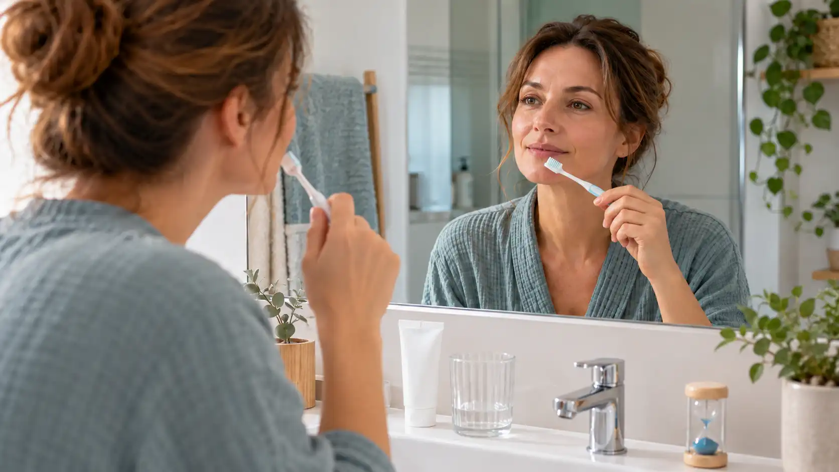 Una mujer de 45 años tiene un cepillo suave delante del espejo del baño.
