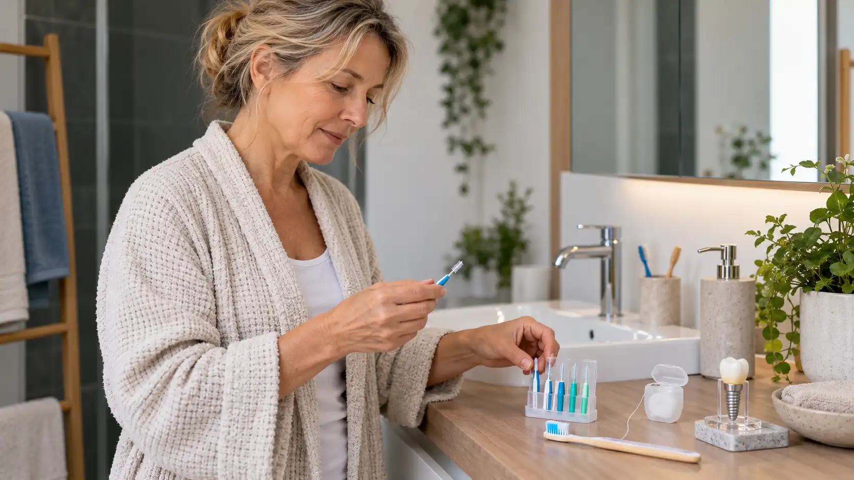 Una adulta prepara sus accesorios de higiene en su baño