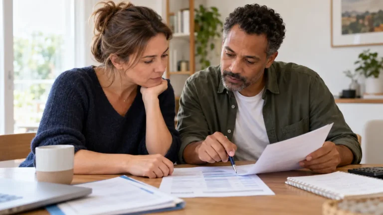Two adults examine a quote without visible personal data