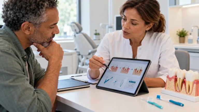 Un adulto intercambia con su dentista un plan de seguimiento