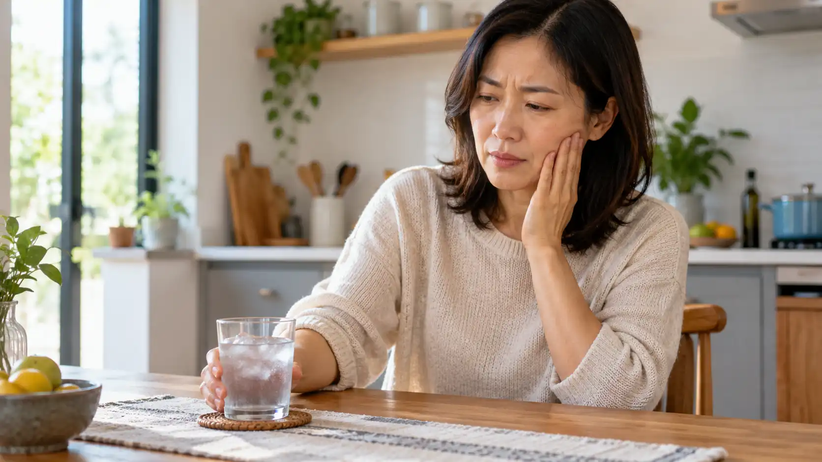 Una mujer asiática de 40 años pone una taza en una mesa sin expresión dramática