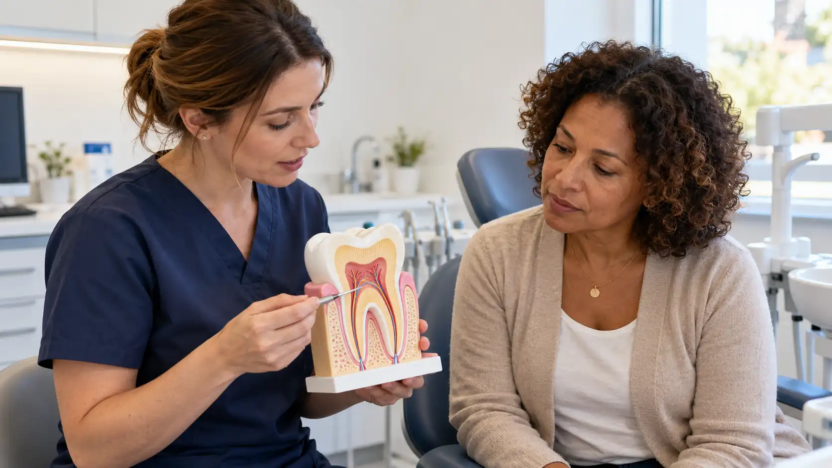 Una doctora muestra un modelo de diente a una mujer de 50 años