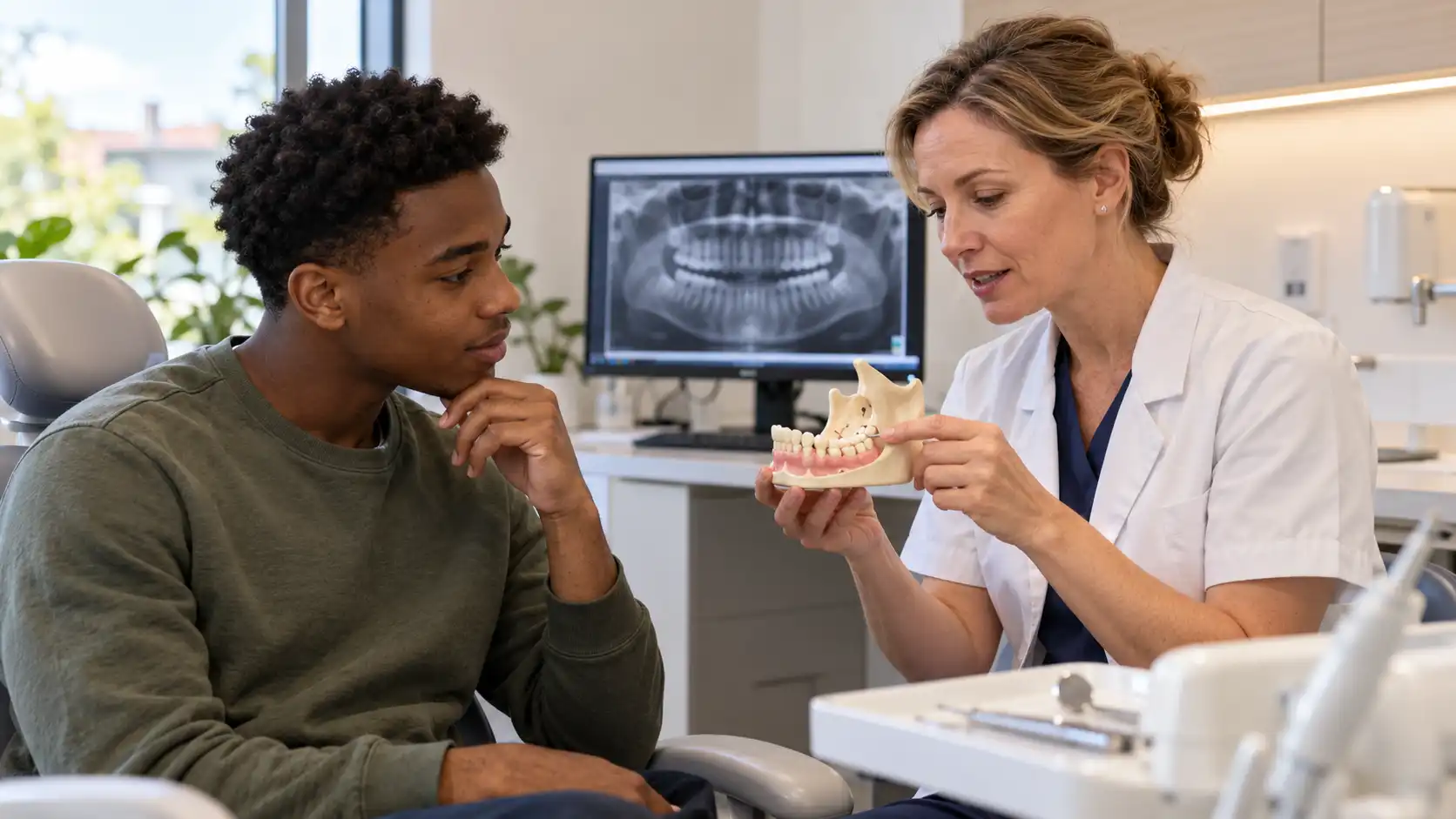 Un joven adulto discute un examen con su dentista.