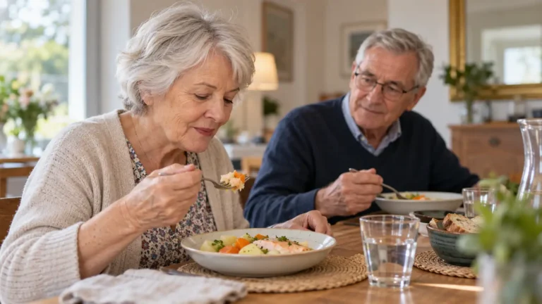 Un anciano sonriente comparte una comida tranquila