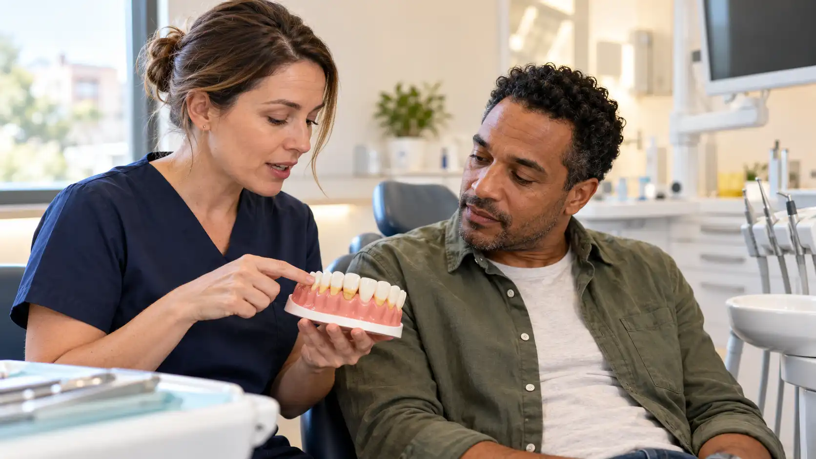 Un adulto consulta un modelo de dientes con una dentista en un consultorio luminoso