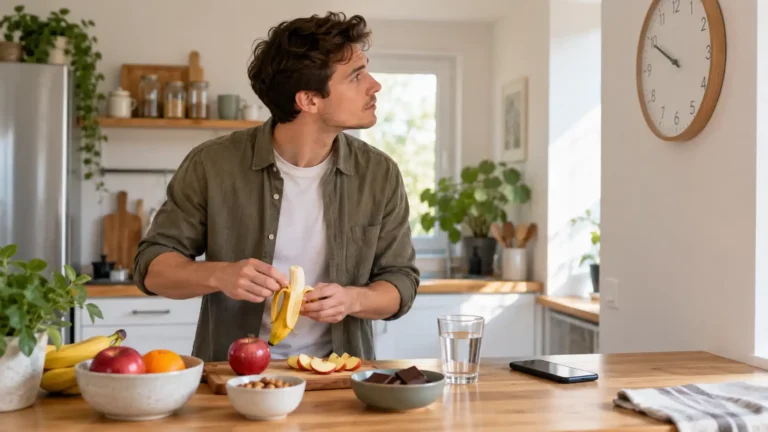 A young man prepares a snack and a glass of water at a kitchen table