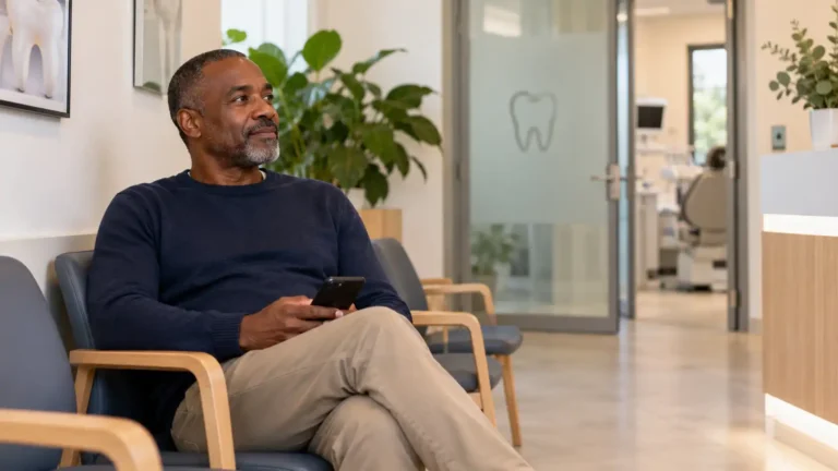 Un hombre de 50 años espera tranquilamente en una consulta dental.